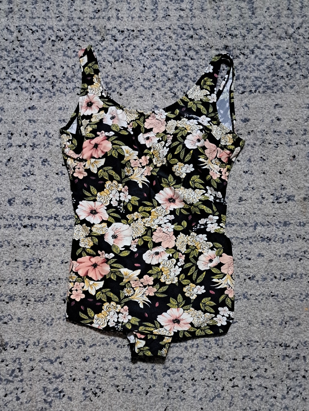 Source Unknown Black Floral One-Piece Swimsuit with Pink and Green Floral Print